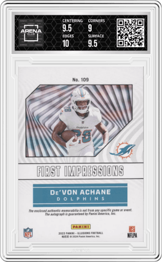 De'Von Achane from the 2023 Panini Illusions set featuring a Red parallel graded by Arena Club and given an overall grade of 9.5.