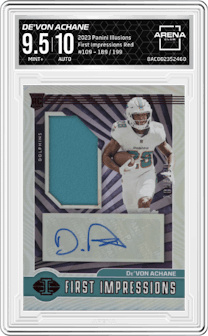De'Von Achane from the 2023 Panini Illusions set featuring a Red parallel graded by Arena Club and given an overall grade of 9.5.