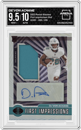 De'Von Achane from the 2023 Panini Illusions set featuring a Red parallel graded by Arena Club and given an overall grade of 9.5.