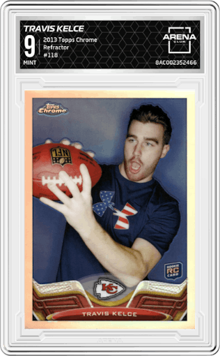 Travis Kelce from the 2013 Topps Chrome set featuring a Refractor parallel graded by Arena Club and given an overall grade of 9.