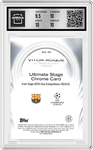 Vitor Roque from the 2024-25 Topps UEFA Club Competitions set featuring a Gold Refractor parallel graded by Arena Club and given an overall grade of 10.
