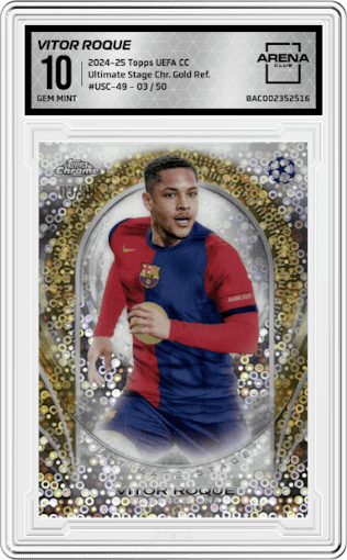 Vitor Roque from the 2024-25 Topps UEFA Club Competitions set featuring a Gold Refractor parallel graded by Arena Club and given an overall grade of 10.