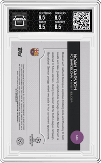 Noah Darvich from the 2024-25 Topps UEFA Club Competitions set featuring a Black Flowfractor parallel graded by Arena Club and given an overall grade of 9.
