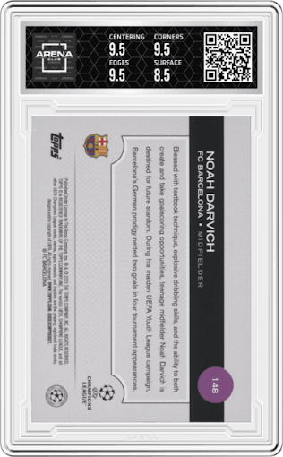 Noah Darvich from the 2024-25 Topps UEFA Club Competitions set featuring a Black Flowfractor parallel graded by Arena Club and given an overall grade of 9.