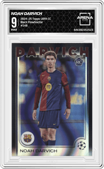 Noah Darvich from the 2024-25 Topps UEFA Club Competitions set featuring a Black Flowfractor parallel graded by Arena Club and given an overall grade of 9.