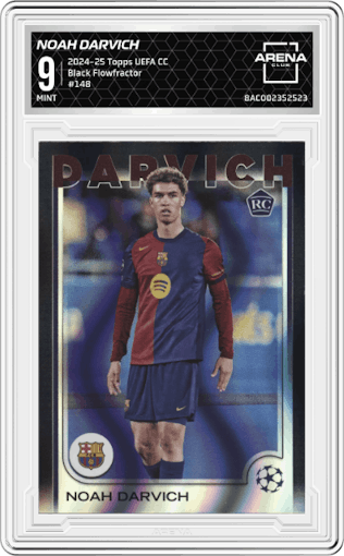 Noah Darvich from the 2024-25 Topps UEFA Club Competitions set featuring a Black Flowfractor parallel graded by Arena Club and given an overall grade of 9.