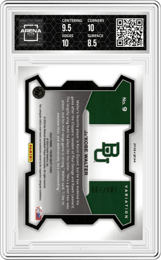 Ja'Kobe Walter  from the 2024 Panini Prizm Draft Picks set featuring a Blue Prizm parallel graded by Arena Club and given an overall grade of 9.