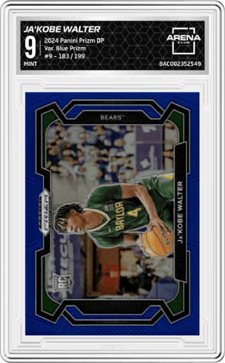 Ja'Kobe Walter  from the 2024 Panini Prizm Draft Picks set featuring a Blue Prizm parallel graded by Arena Club and given an overall grade of 9.