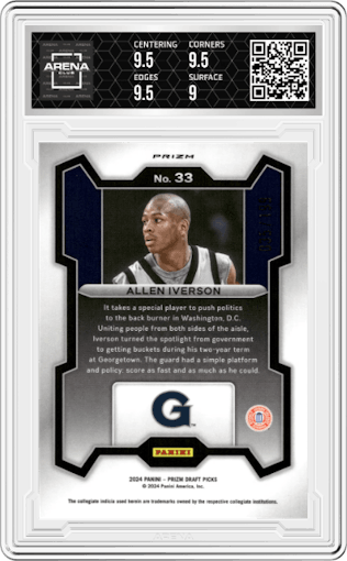 Allen Iverson from the 2024 Panini Prizm Draft Picks set featuring a Blue Prizm parallel graded by Arena Club and given an overall grade of 9.5.