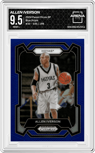 Allen Iverson from the 2024 Panini Prizm Draft Picks set featuring a Blue Prizm parallel graded by Arena Club and given an overall grade of 9.5.