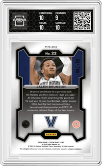 Jalen Brunson from the 2024 Panini Prizm Draft Picks set featuring a Blue Prizm parallel graded by Arena Club and given an overall grade of 9.5.