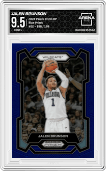Jalen Brunson from the 2024 Panini Prizm Draft Picks set featuring a Blue Prizm parallel graded by Arena Club and given an overall grade of 9.5.