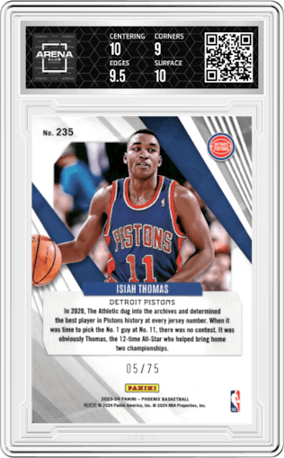 Isiah Thomas from the 2023-24 Panini Phoenix set featuring a International Red parallel graded by Arena Club and given an overall grade of 9.5.