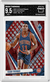 Isiah Thomas from the 2023-24 Panini Phoenix set featuring a International Red parallel graded by Arena Club and given an overall grade of 9.5.