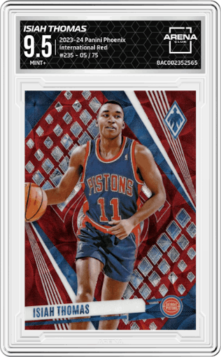 Isiah Thomas from the 2023-24 Panini Phoenix set featuring a International Red parallel graded by Arena Club and given an overall grade of 9.5.