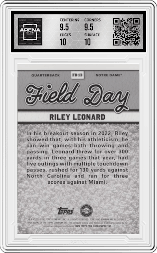 Riley Leonard from the 2024 Bowman University Best set graded by Arena Club and given an overall grade of 10.