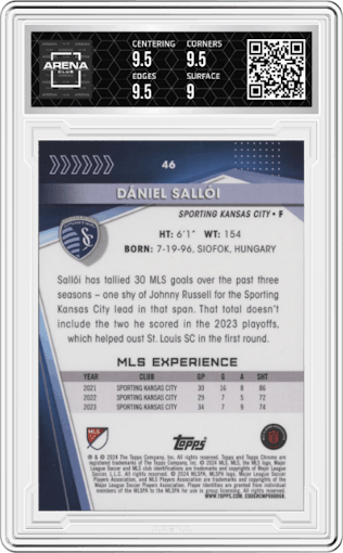 Daniel Salloi from the 2024 Topps Chrome MLS set featuring a Gold Refractor parallel graded by Arena Club and given an overall grade of 9.5.