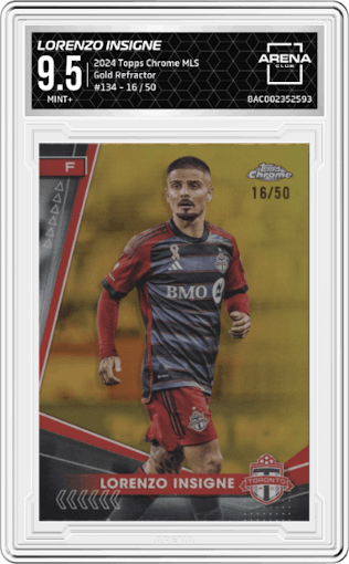 Lorenzo Insigne from the 2024 Topps Chrome MLS set featuring a Gold Refractor parallel graded by Arena Club and given an overall grade of 9.5.