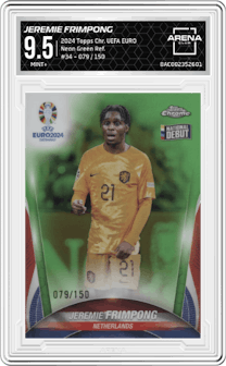 Jeremie Frimpong from the 2024 Topps Chrome UEFA EURO set featuring a Neon Green Refractor parallel graded by Arena Club and given an overall grade of 9.5.
