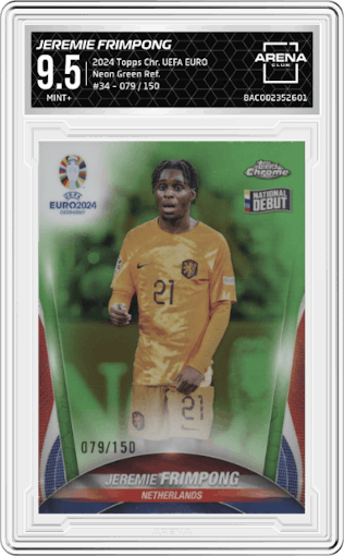 Jeremie Frimpong from the 2024 Topps Chrome UEFA EURO set featuring a Neon Green Refractor parallel graded by Arena Club and given an overall grade of 9.5.
