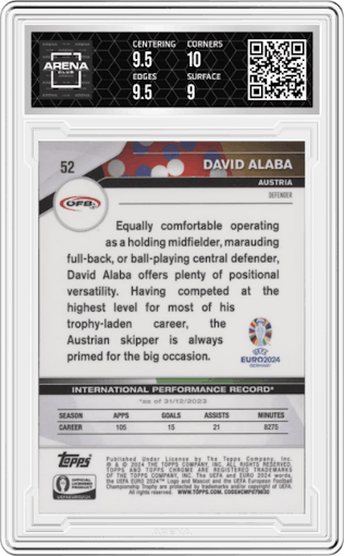 David Alaba from the 2024 Topps Chrome UEFA EURO set featuring a Neon Green Refractor parallel graded by Arena Club and given an overall grade of 9.5.