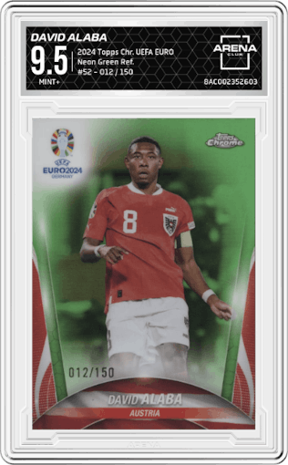 David Alaba from the 2024 Topps Chrome UEFA EURO set featuring a Neon Green Refractor parallel graded by Arena Club and given an overall grade of 9.5.