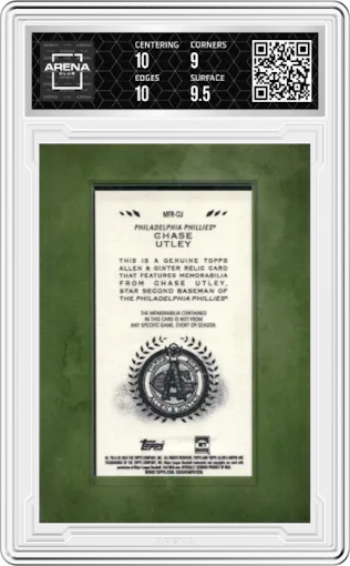 Chase Utley from the 2024 Topps Allen & Ginter set graded by Arena Club and given an overall grade of 9.5.