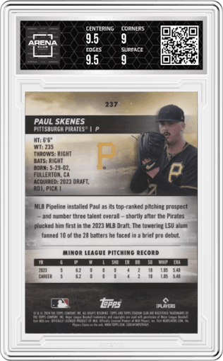 Paul Skenes from the 2024 Topps Stadium Club set graded by Arena Club and given an overall grade of 9.5.