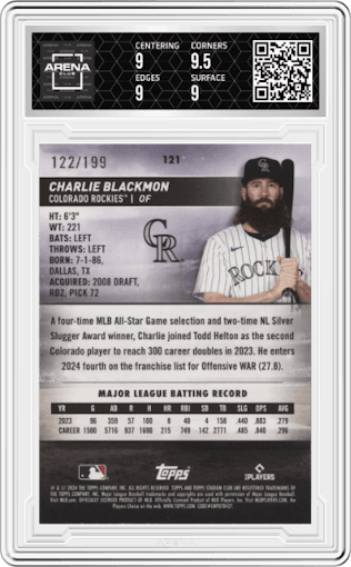 Charlie Blackmon from the 2024 Topps Stadium Club set featuring a Green Foil parallel graded by Arena Club and given an overall grade of 9.