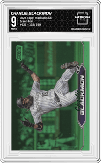 Charlie Blackmon from the 2024 Topps Stadium Club set featuring a Green Foil parallel graded by Arena Club and given an overall grade of 9.