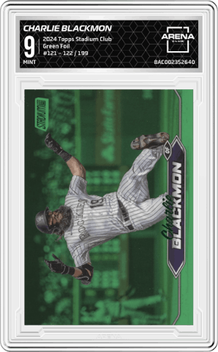 Charlie Blackmon from the 2024 Topps Stadium Club set featuring a Green Foil parallel graded by Arena Club and given an overall grade of 9.