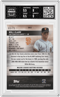 Will Clark from the 2024 Topps Stadium Club set featuring a Purple Foil parallel graded by Arena Club and given an overall grade of 8.5.
