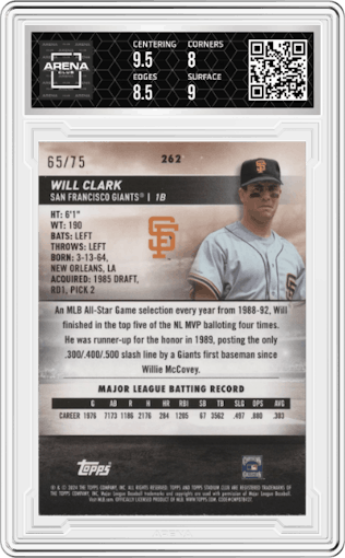 Will Clark from the 2024 Topps Stadium Club set featuring a Purple Foil parallel graded by Arena Club and given an overall grade of 8.5.