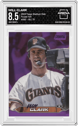Will Clark from the 2024 Topps Stadium Club set featuring a Purple Foil parallel graded by Arena Club and given an overall grade of 8.5.