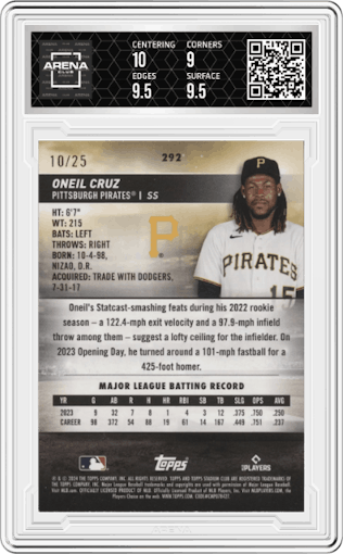 Oneil Cruz from the 2024 Topps Stadium Club set featuring a Rainbow Foilboard parallel graded by Arena Club and given an overall grade of 9.5.