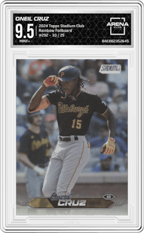Oneil Cruz from the 2024 Topps Stadium Club set featuring a Rainbow Foilboard parallel graded by Arena Club and given an overall grade of 9.5.