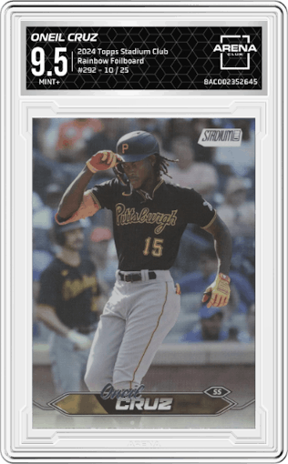 Oneil Cruz from the 2024 Topps Stadium Club set featuring a Rainbow Foilboard parallel graded by Arena Club and given an overall grade of 9.5.