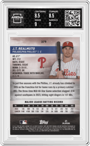 J. T. Realmuto from the 2024 Topps Stadium Club set featuring a First Day Issue parallel graded by Arena Club and given an overall grade of 9.