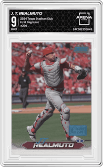 J. T. Realmuto from the 2024 Topps Stadium Club set featuring a First Day Issue parallel graded by Arena Club and given an overall grade of 9.