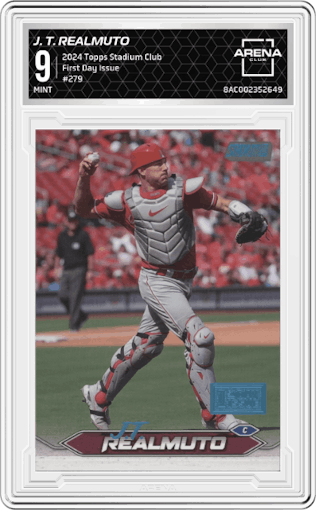 J. T. Realmuto from the 2024 Topps Stadium Club set featuring a First Day Issue parallel graded by Arena Club and given an overall grade of 9.