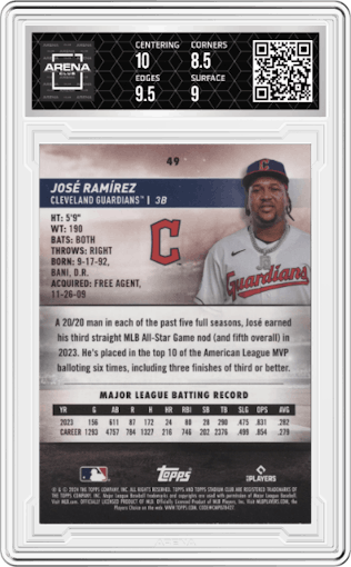 Jose Ramirez from the 2024 Topps Stadium Club set featuring a Gold Foil parallel graded by Arena Club and given an overall grade of 9.