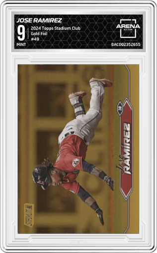 Jose Ramirez from the 2024 Topps Stadium Club set featuring a Gold Foil parallel graded by Arena Club and given an overall grade of 9.