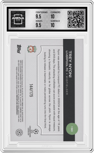 Trey Nyoni from the 2024-25 Topps UEFA Club Competitions set featuring a Yellow Foilboard parallel graded by Arena Club and given an overall grade of 10.
