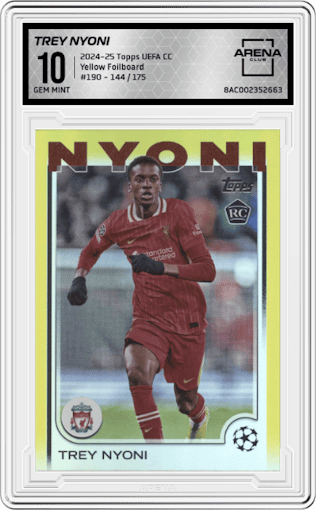 Trey Nyoni from the 2024-25 Topps UEFA Club Competitions set featuring a Yellow Foilboard parallel graded by Arena Club and given an overall grade of 10.