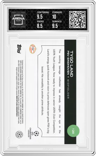 Tygo Land from the 2024-25 Topps UEFA Club Competitions set featuring a Black Flowfractor parallel graded by Arena Club and given an overall grade of 9.
