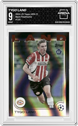 Tygo Land from the 2024-25 Topps UEFA Club Competitions set featuring a Black Flowfractor parallel graded by Arena Club and given an overall grade of 9.