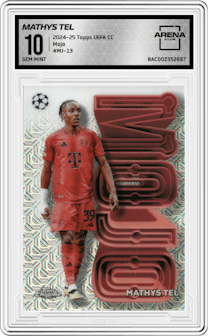 Mathys Tel from the 2024-25 Topps UEFA Club Competitions set graded by Arena Club and given an overall grade of 10.