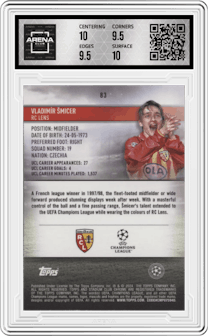 Vladimír Smicer from the 2023-24 Stadium Club Chrome UEFA Champions League set featuring a Sepia Prism Refractor parallel graded by Arena Club and given an overall grade of 10.