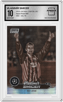 Vladimír Smicer from the 2023-24 Stadium Club Chrome UEFA Champions League set featuring a Sepia Prism Refractor parallel graded by Arena Club and given an overall grade of 10.