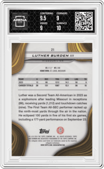 Luther Burden III	 from the 2024 Bowman University Best set featuring a Blue Refractor parallel graded by Arena Club and given an overall grade of 9.5.